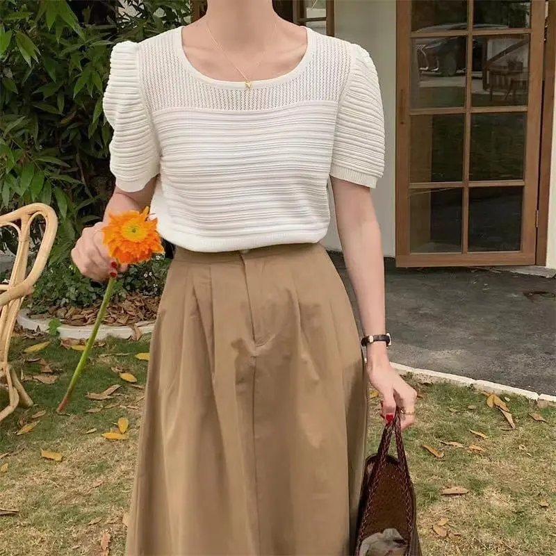Korea Style Puff Sleeve Knitted Blouse Plain Round Neck Knitted Tops for Women Knitwear Womenswear
