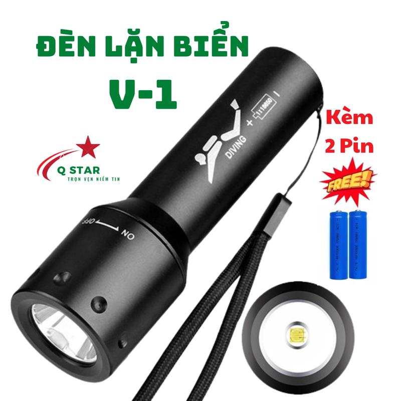 Đèn Cầm Tay Chuyên Lặn Biển V-1 Thiết Kế Full Kim Loại Led T6 Lặn Sâu 50m Kèm 2 Pin 1500mah