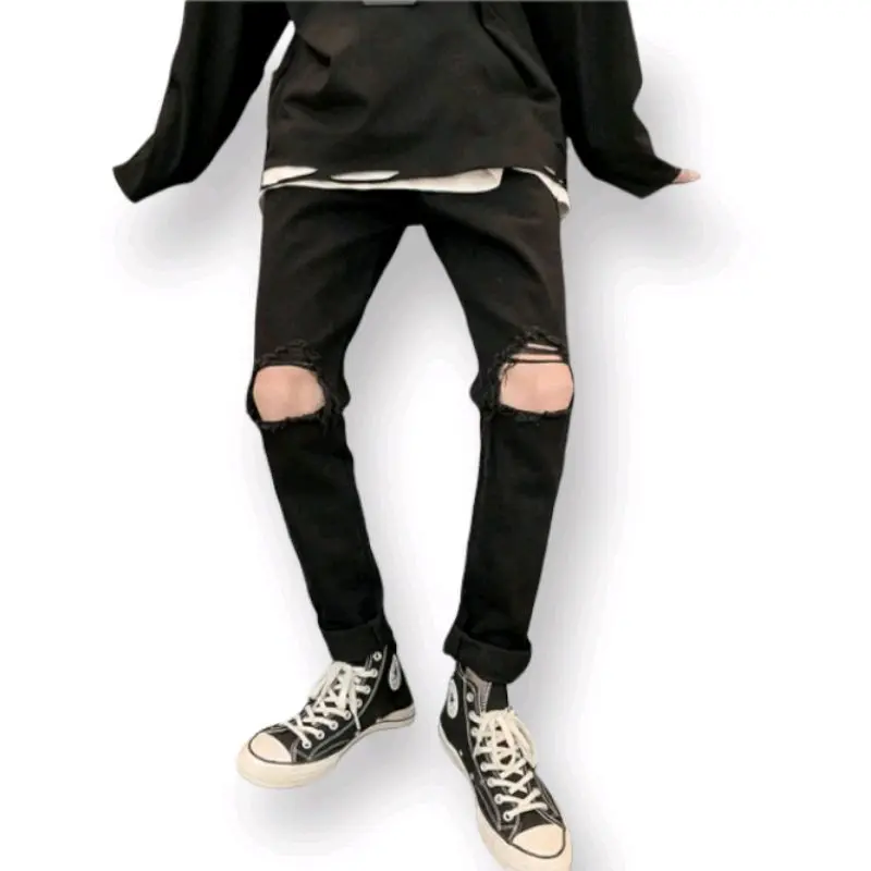 Celana Jeans Lutut Pria Slim-Fitting Tembus - Soft Jeans Super Premium Stretch - Hitam - Denim, Melar, Skinny