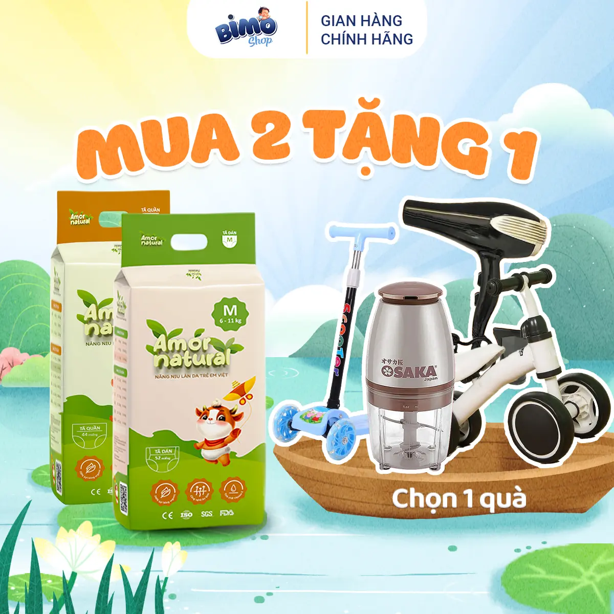 (2A) [MUA 2 TẶNG 1 QUÀ] - Combo 2 Bịch Tã/ Bỉm AMOR NATURAL VIỆT NAM Thoáng Khí Mỏng Nhẹ Cho Bé