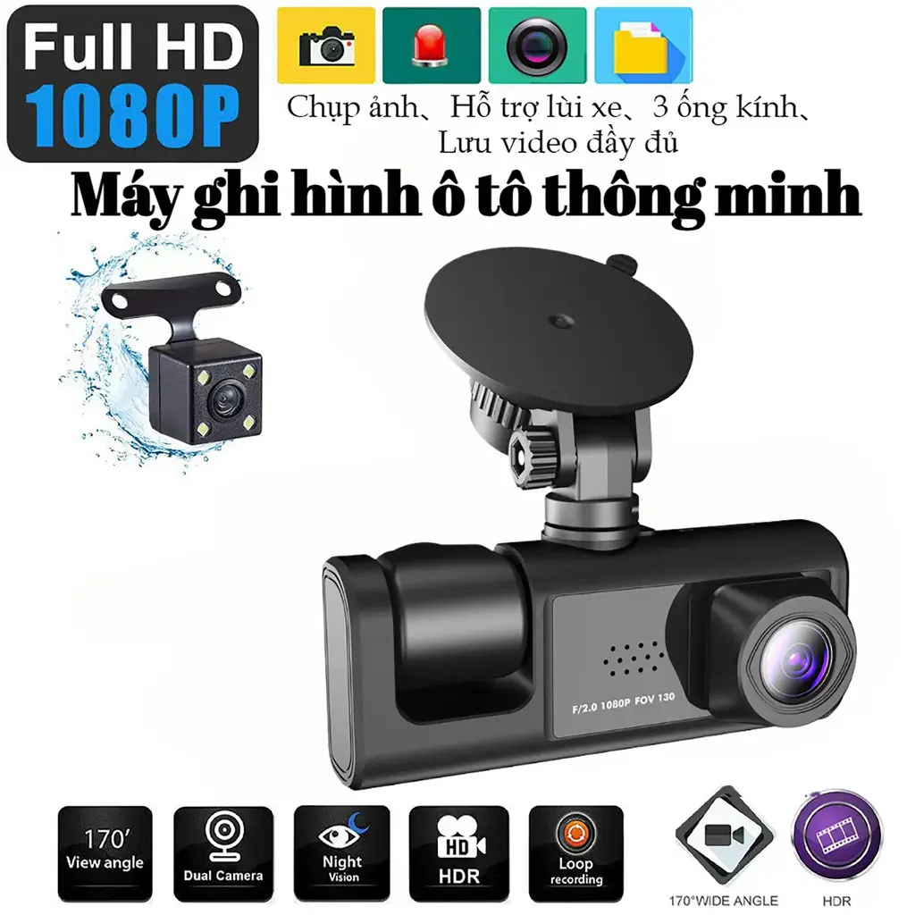 Camera Hành Trình Ô Tô Wifi Kết Nối Trực Tiếp Điện Thoại, Hỗ Trợ 3Camera, Quay trước,Trong và Sau xe