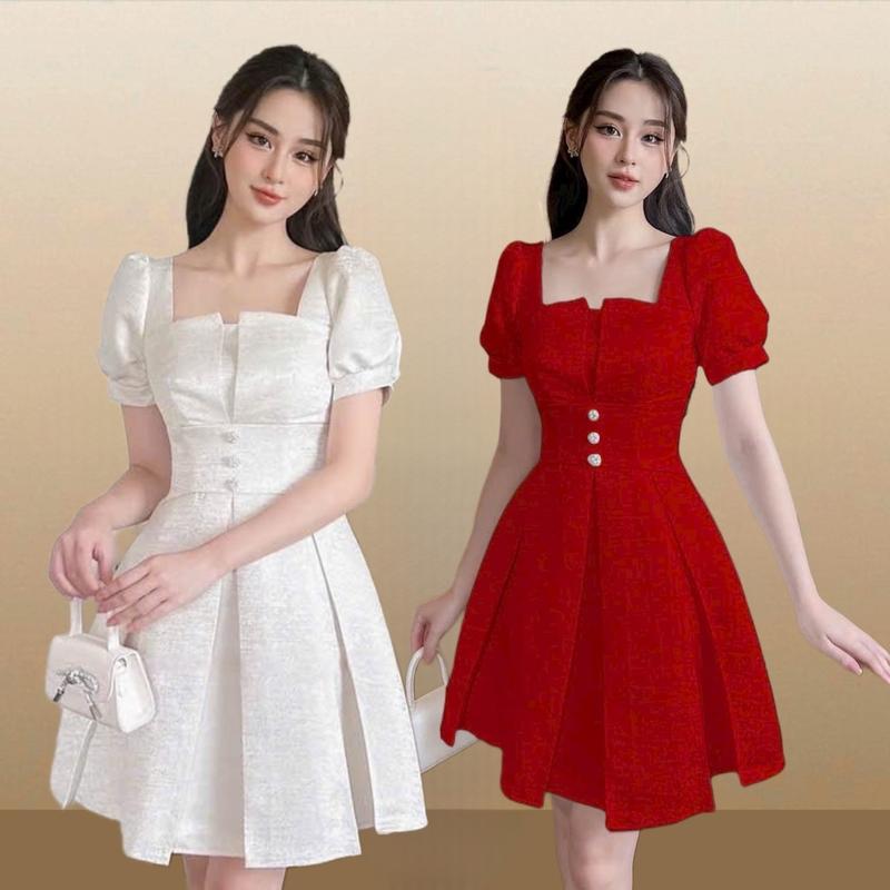 Đầm dự tiệc cổ vuông tafta vân đá đính nút đá sang trọng LOVE DRESS Nữ Women Kem Đỏ vaytet đỏ missavenue m đỏ và hồng váy dự tiệc váy  đỏ Voan Kim Tuyến