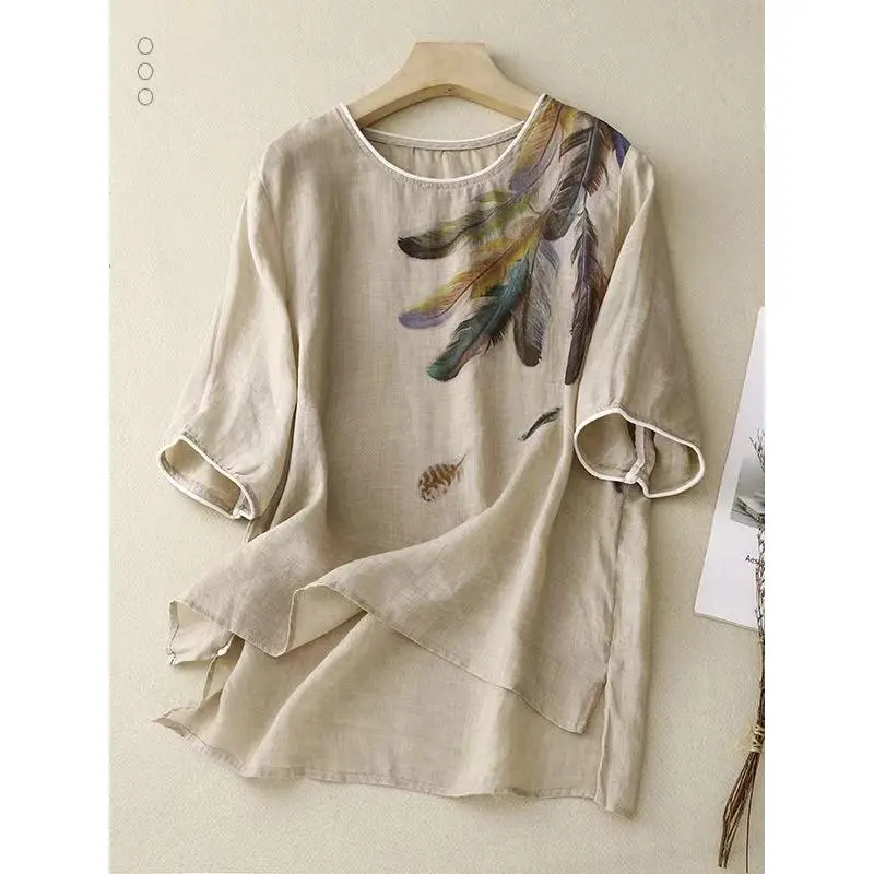 Cotton and linen top retro art floral print summer New loose round neck breathable versatile thin short sleeve t-shirt