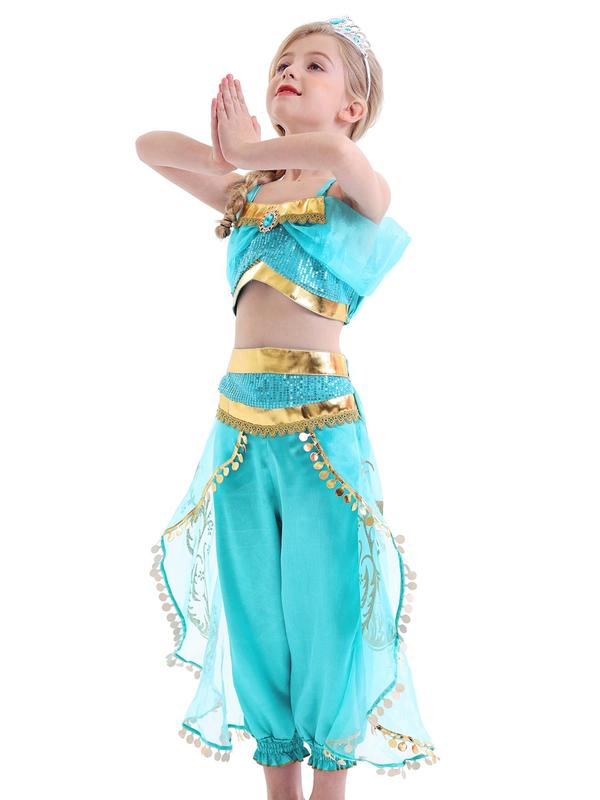 Girl's Artificial Gemstone Decor Cami Top & Contrast Sequin Mesh Pants Set with 3pcs Accessories, Princess Cosplay Performance Costume, Kids Summer Party Wear 4