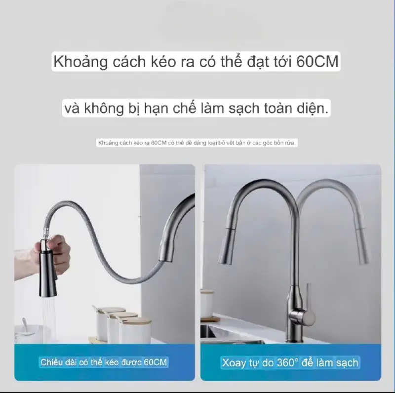 Vòi rửa chén nóng lạnh dây rút xoay 360 độ thân đồng thau Full chức năng xả chậu rửa hình cống  bồn ống  nước vòi  sen bát 1