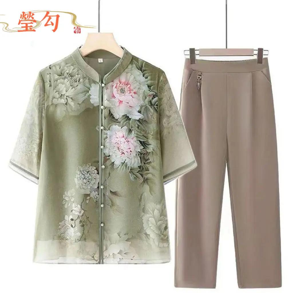 Quần Áo Mùa Hè Cho Mẹ TRUNG NIÊN, Bộ Đồ Hai Mảnh, Áo Voan Tay Lỡ, Cho Người Già, Áo Sơ Mi In Họa Tiết, Cho Phụ Nữ TRUNG NIÊN, Áo Cardigan Mỏng Women Top