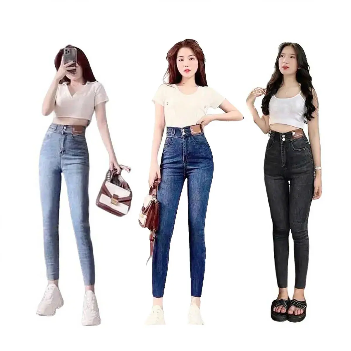 QUẦN JEAN ÔM cạp cao mắc da 2 nút 3 mầu cá tính 111 JEANS skinny , quần bò cạp cao                         . Nữ Pants Women Có Túi