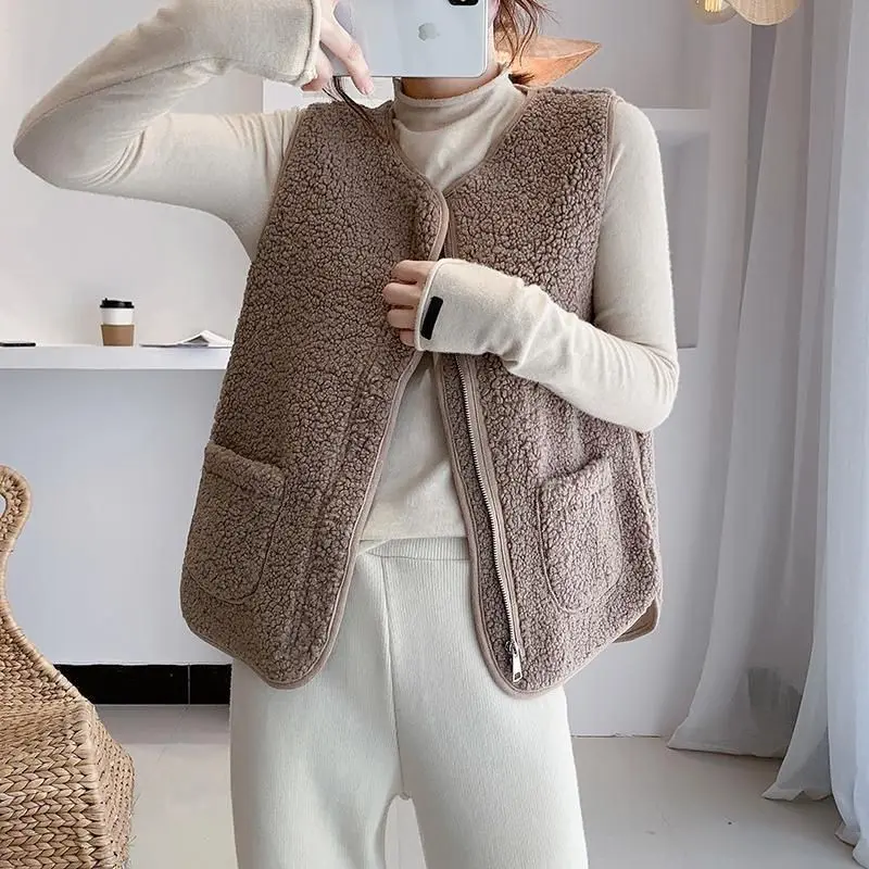 Áo Vest Len Cừu, Dành Cho Nữ, Có Thể Mặc Ngoài Trời, Mùa Thu Và Mùa Đông, Dày Dặn Và Đơn Giản, Nhiệt, Hàng Mới Về, Dễ Phối Đồ, Áo Vest Có Khóa Kéo Một Mảnh, Áo Ghi Lê Top Women 7