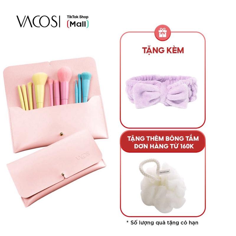 Bộ cọ trang điểm cá nhân 10 cây kèm ví da màu hồng pastel chuyên dụng VACOSI CANDY PUFFY BRUSH SET COSMETIC - BC34 Mỹ Phẩm Nữ Mỹ Phẩm Nữ