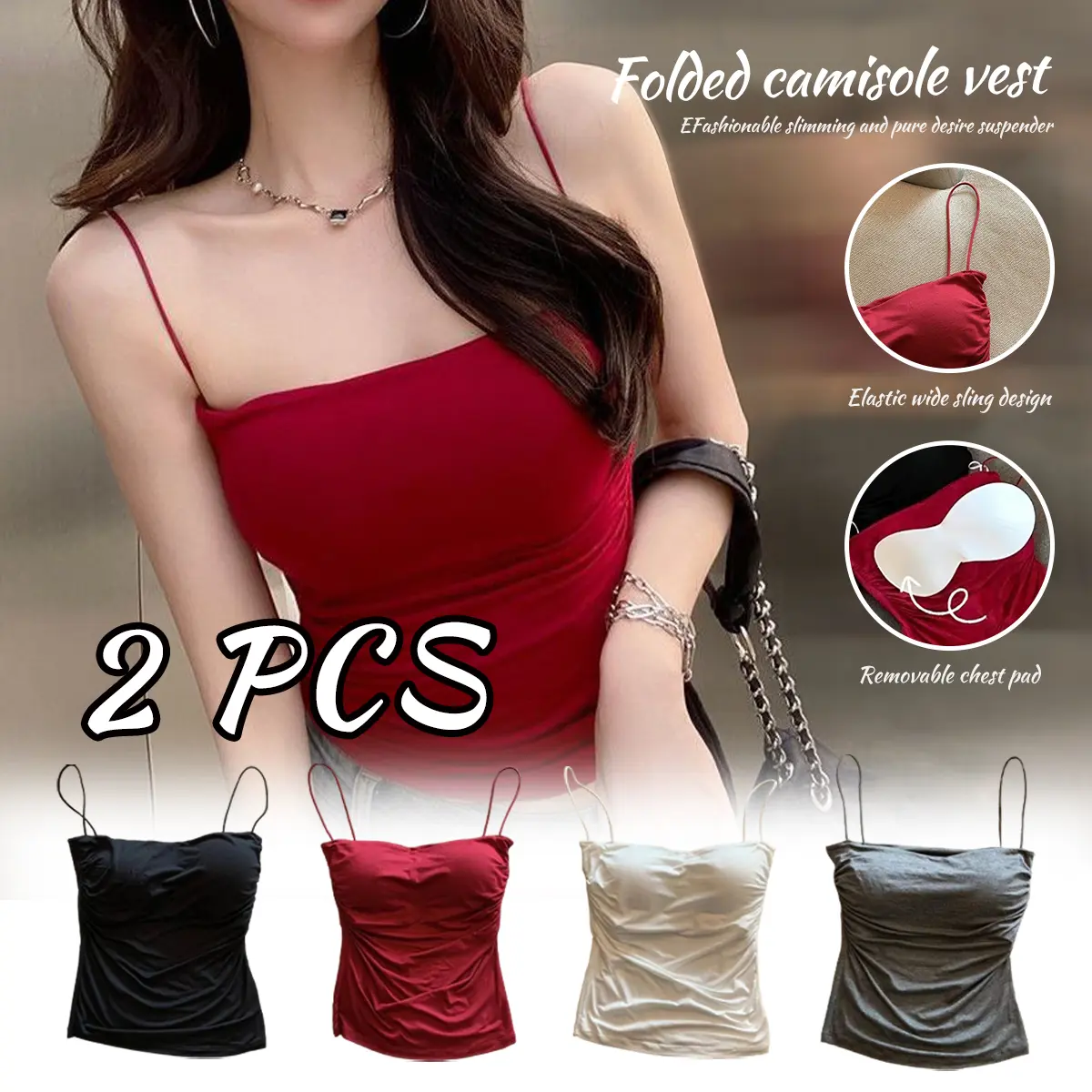 2pcs Women's Summer Pleated Camisole Thin Shoulder Straps Padded Bra Tank Top Comfortable With Chest Cushion Tops