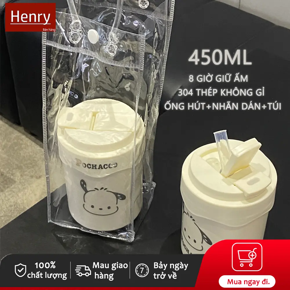 Cốc Cách Nhiệt Bằng Thép Không Gỉ, Henry, Dung Tích 450ml, Có Ống Hút, Bình Cách Nhiệt Dễ Thương, Tặng Kèm Nhãn Dán Và Túi Tote Quà Tặng