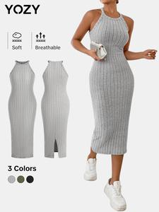 YOZY Split Hem Halter Dress, Casual Plain Ribbed Sleeveless Long Cami Dress, 2024 Women's Daily Wear for Spring & Summer