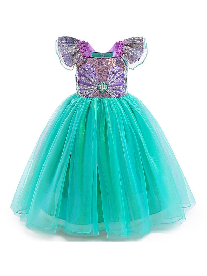 Product Introduction of Girl's Contrast Sequin Faux Pearls Decor Butterfly Sleeve Zipper Back Costume Dress with Necklace & Bracelet & Earrings & Ring & Bag & Hairpin, Fancy Mermaid Costume Dress with Accessories Costume for Party Show, Kids Birthday Party Clothes 14