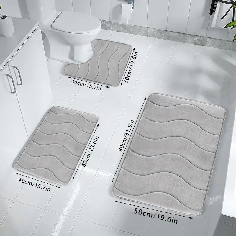 Soft Non-slip Bathroom Mat Set, 3pcs/set Household Wave Embossed Quick-dry Rug, Washable Water Absorbent Floor Pad, Household Bundle Bathroom Accessories 2