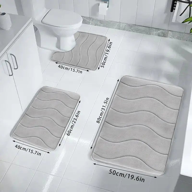 Soft Non-slip Bathroom Mat Set, 3pcs/set Household Wave Embossed Quick-dry Rug, Washable Water Absorbent Floor Pad, Household Bundle Bathroom Accessories 2