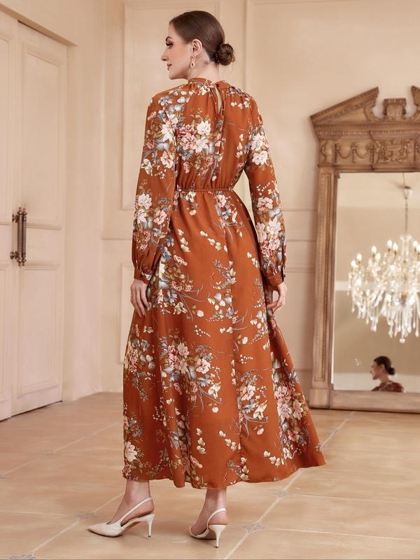 Women's Floral Print Bishop Long Sleeve Mock Neck A-line Long Dress, Boho Flared Dresses, Summer Outfits 2024, Lady's Spring & Autumn Clothes 4