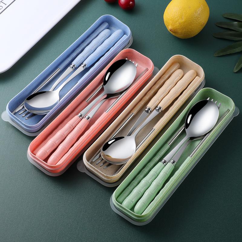 Product Introduction of 3pcs/set Stainless Steel Cutlery Set Spoon Fork Chopsticks Set With Box Case Travel Cutleries green corrosion resistant tableware sets Portable asymmetrical spoon 18