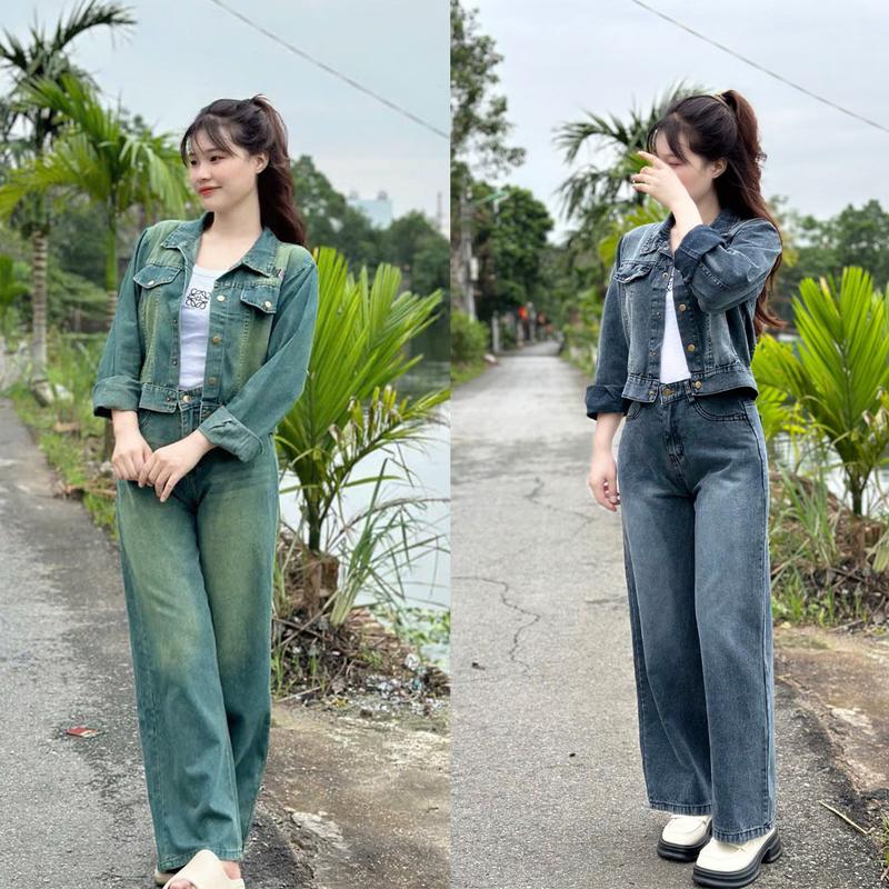 Set Bò Giấy Tay Dài Hình Ngựa, Áo Bò Demin + Quần Ống Suông Hack Dáng Năng Động, Quần Áo Nữ Top Women