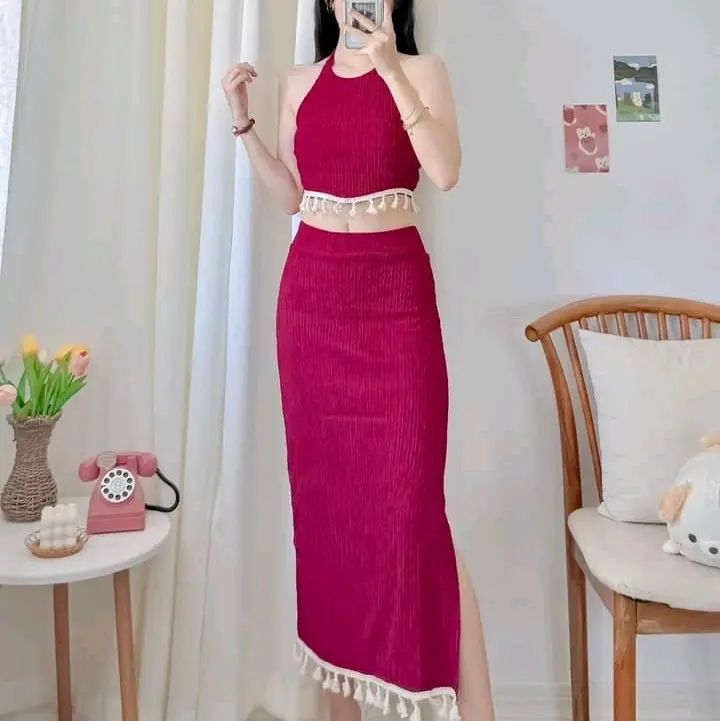 Halter Tassel Terno for women (fit small to medium only) Bark crepe fabric Womenswear Breathable