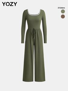 YOZY Binding Tie Front Wide Leg Jumpsuit, Casual Long Sleeve Square Neck Ribbed, 2024 Women's Daily Wear for All Seasons