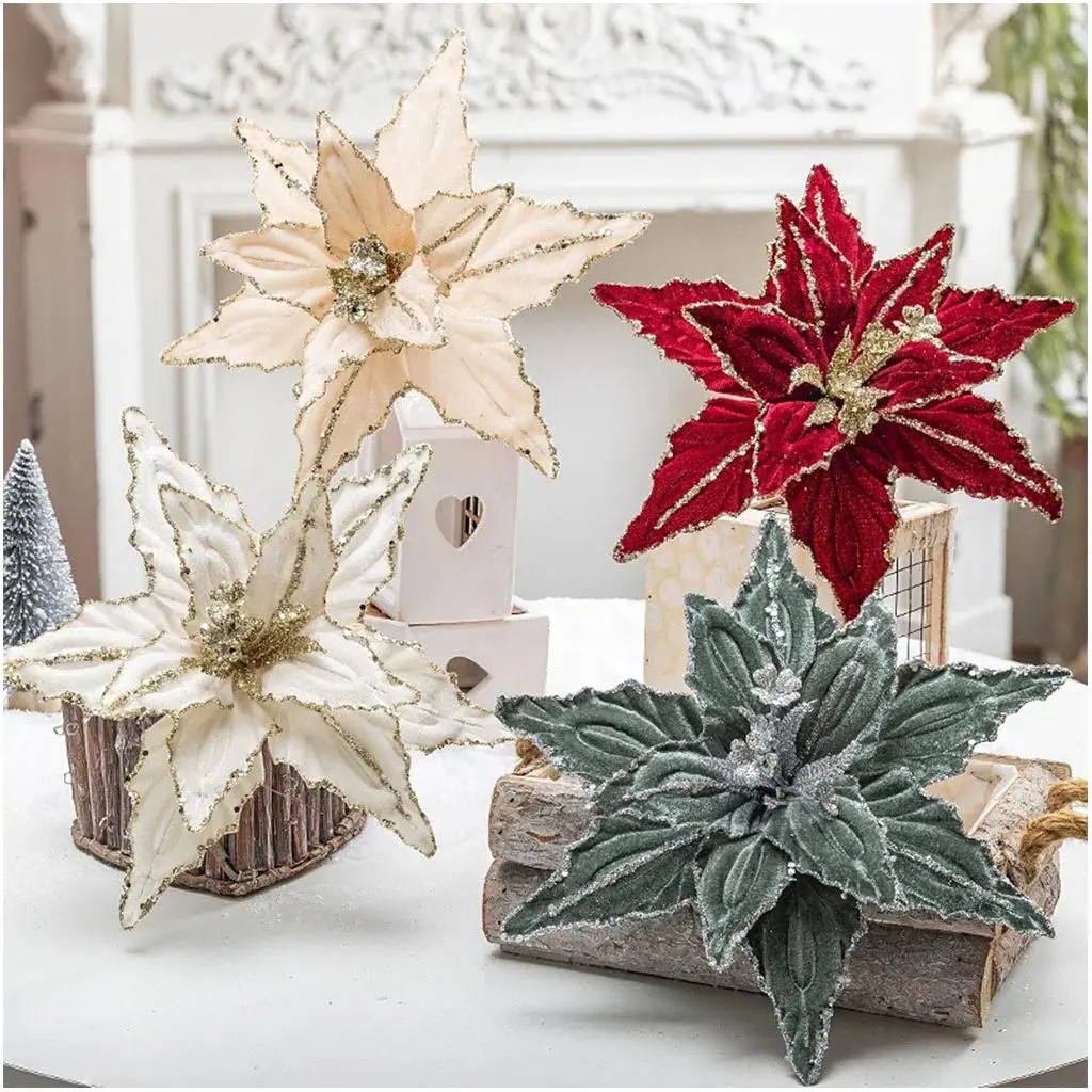 26cm Golden Border Glitter Christmas Flowers Christmas Ornaments Xmas Tree Decor Felize Navidad Joy 2025 Noel Decor For Home Decoration
