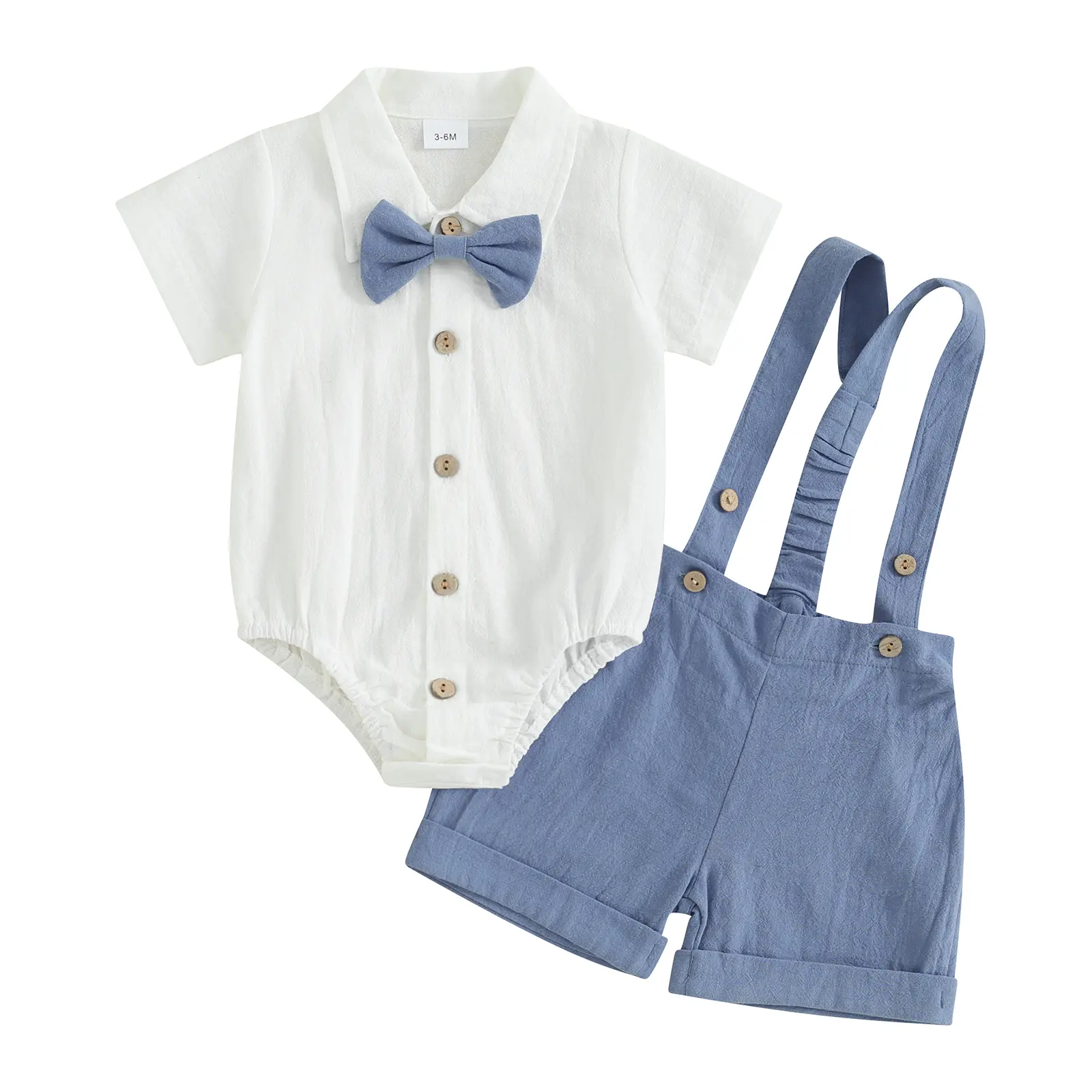 Toddler Boy Gentleman Outfit Solid Color Short Sleeves Romper with Bow Tie and Overalls Shorts Set for Formal Wear