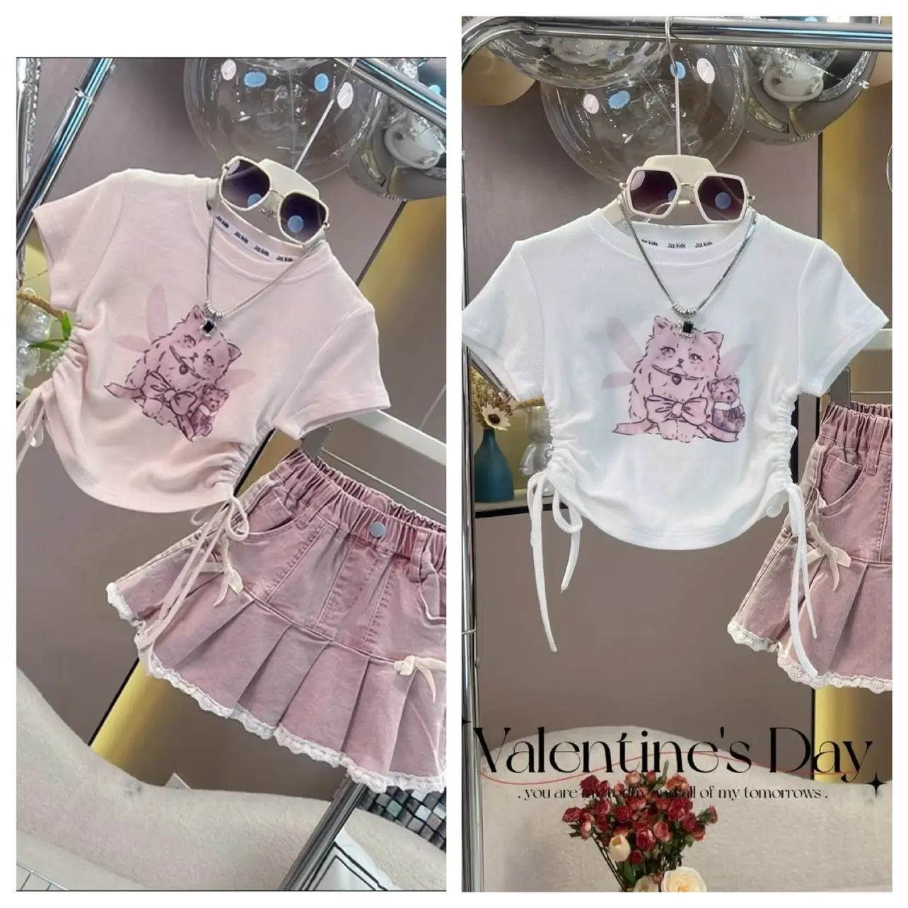 SÉT ÁO CỘC MÈO CHÂN VÁY BÒ TÍM XẾP LY BÉ GÁI Cotton Cho Bé Vải Cotton