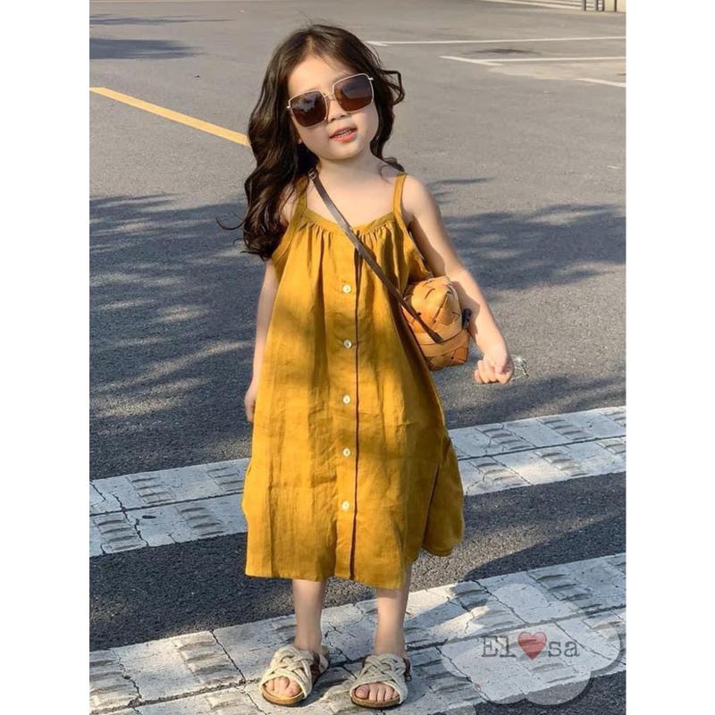  Váy bé gái- Váy Đũi Vàng 2 Dây Bánh Bèo Siêu Xinh Cho Bé 1-8 Tuổi 