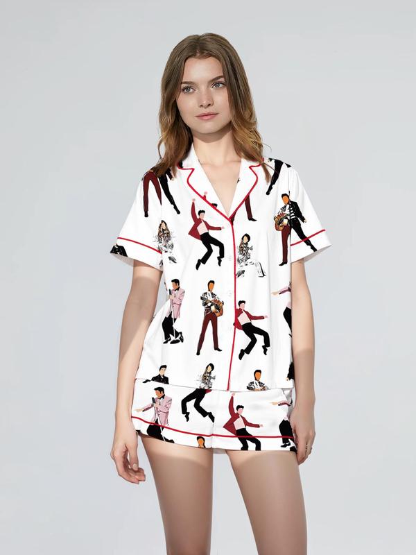 Women's All Over Print Short Sleeve Satin Pajama Two-piece Set, Elegant Casual Comfy Button Front Lapel Neck Top & Elastic Waist Shorts PJ Set, Ladies Sleepwear for Summer 0