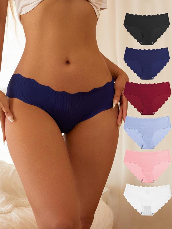 Women's 6pcs Minimalist Solid Scallop Trim Panty, Lady Basic Soft Comfort Seamless Knickers for Daily Wear All Seasons, Womenswear Underwear 7