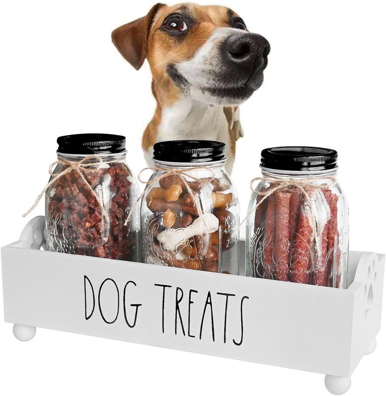 TikTok Shop Dog Treat Container Pet Treat Holder with Glass Jars Farmhouse Dog Food Storage Organizer Airtight Dog Treat Bin Cat Dog Biscuit Dispenser Pet Accessories White 3 Glass Jars