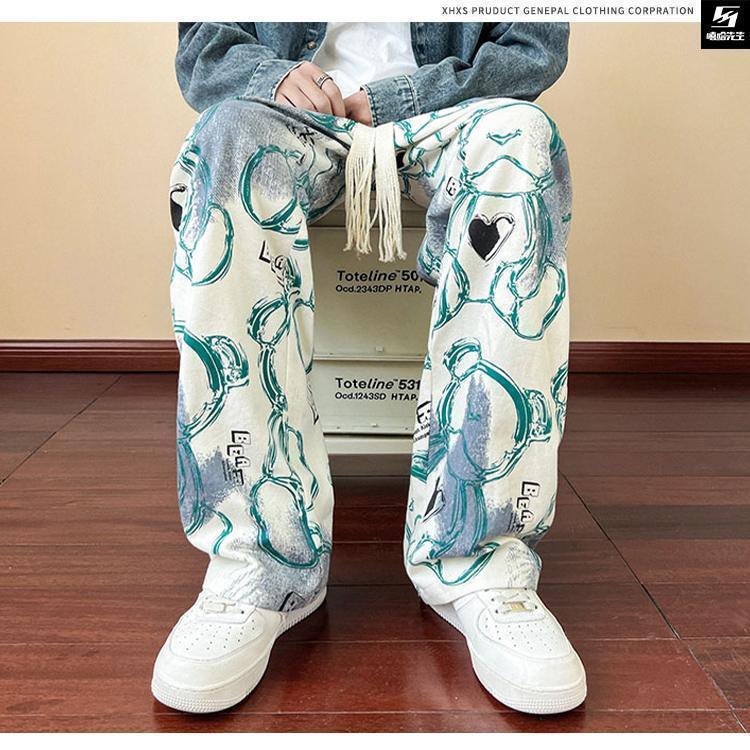 Product Introduction of 2024 Pants Trendy Brand Pu Shuai Fried Street Men's Autumn Vintage Vintage Casual Pants American Retro Graffiti Full Printed Wide-Leg Pants 7