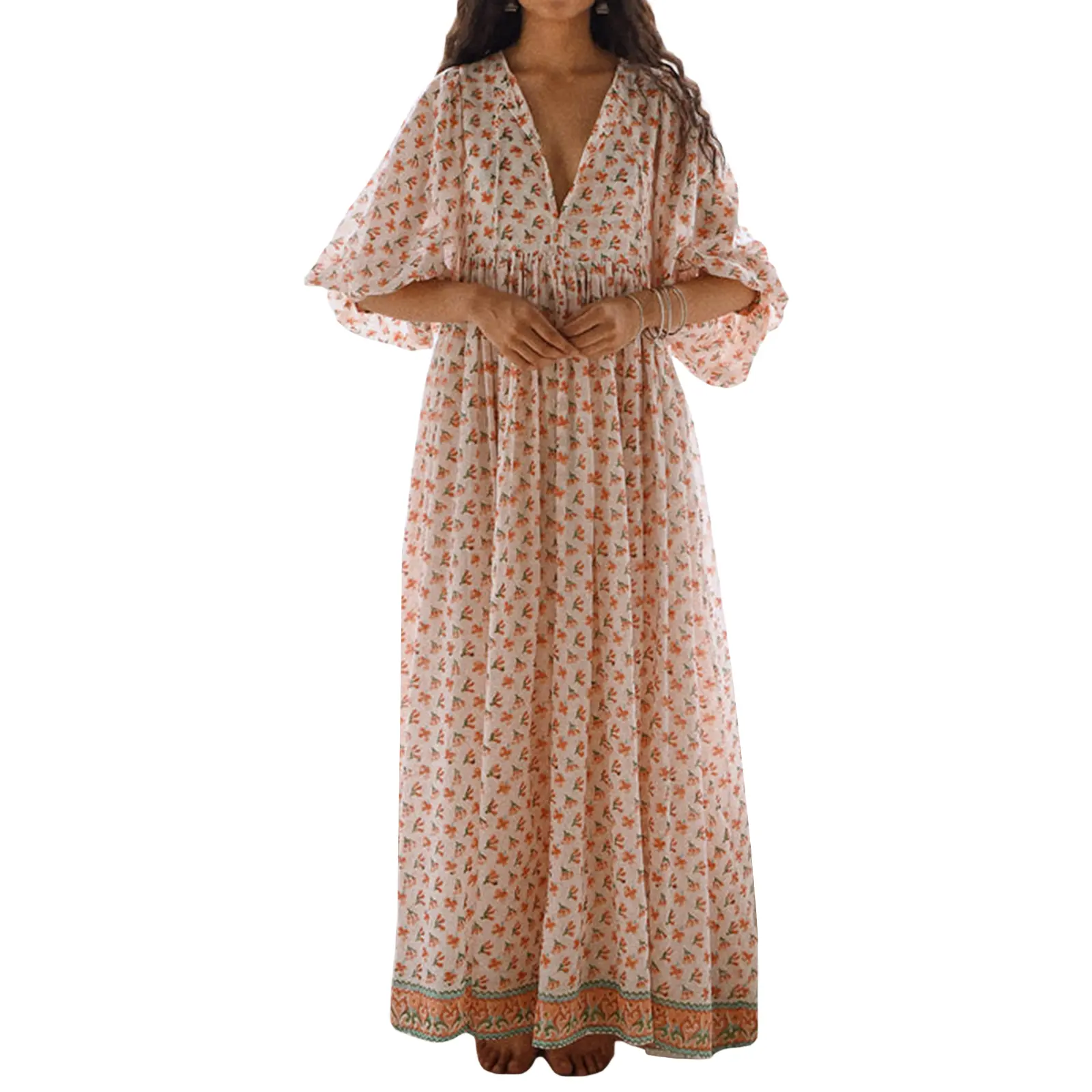 Women Long Dress, 3/4 Sleeve Dress V Neck Floral Loose Summer Casual Swing Dress