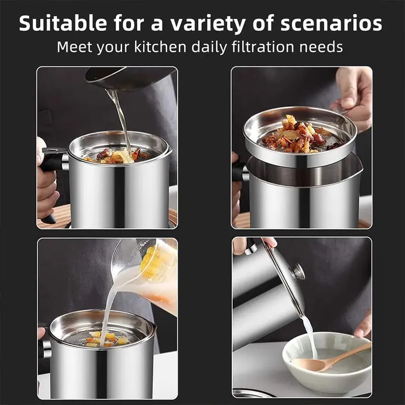 Stainless Steel Oil Pot with Filter, Kitchen Oil Dispenser with Tray & Lid, Bacon Grease Container, Cooking Oil Can, Home Kitchenware 5