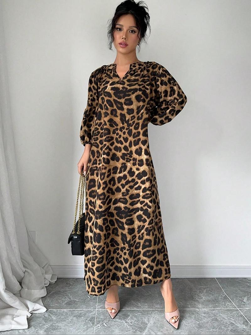 Product Introduction of 【Plus Size】 Leopard Print Notched Neck Dress, Casual Bishop Sleeve Dress for Spring & Fall, Women's Clothes for Daily Wear 2