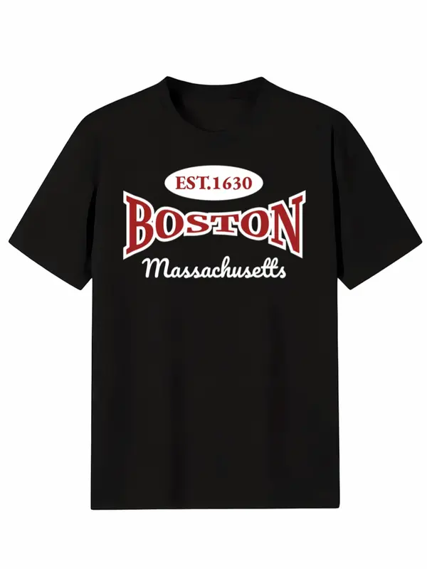 Men's" Boston Est. 1630 "Letter Print Round Neck Tee, Regular Fit Casual Short Sleeve T-Shirt for Summer, Men's Top for Daily Wear 6