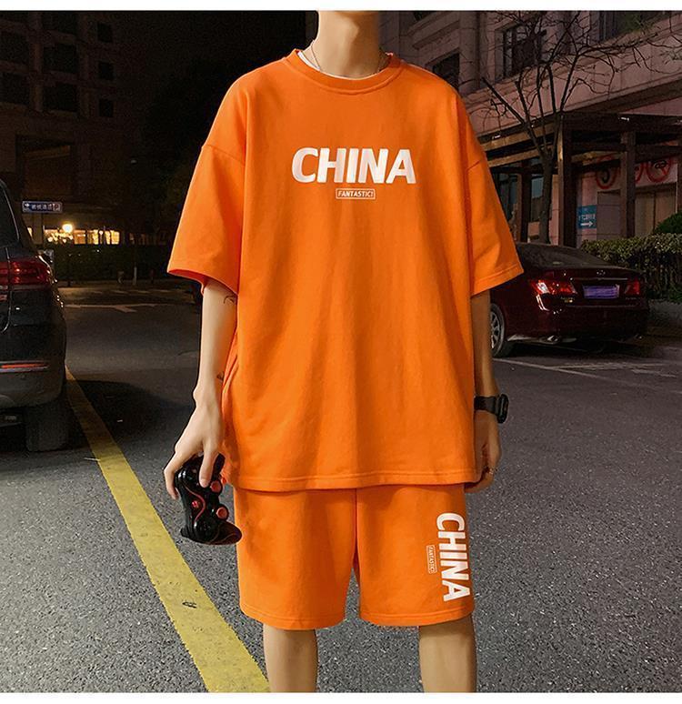 Product Introduction of Summer New Trendy Hong Kong Style Simple Letter Printing Leisure Sports Suit Green Student Short Sleeve Shorts Two Pieces Suit Menswear Overalls Lingerie Formal 13
