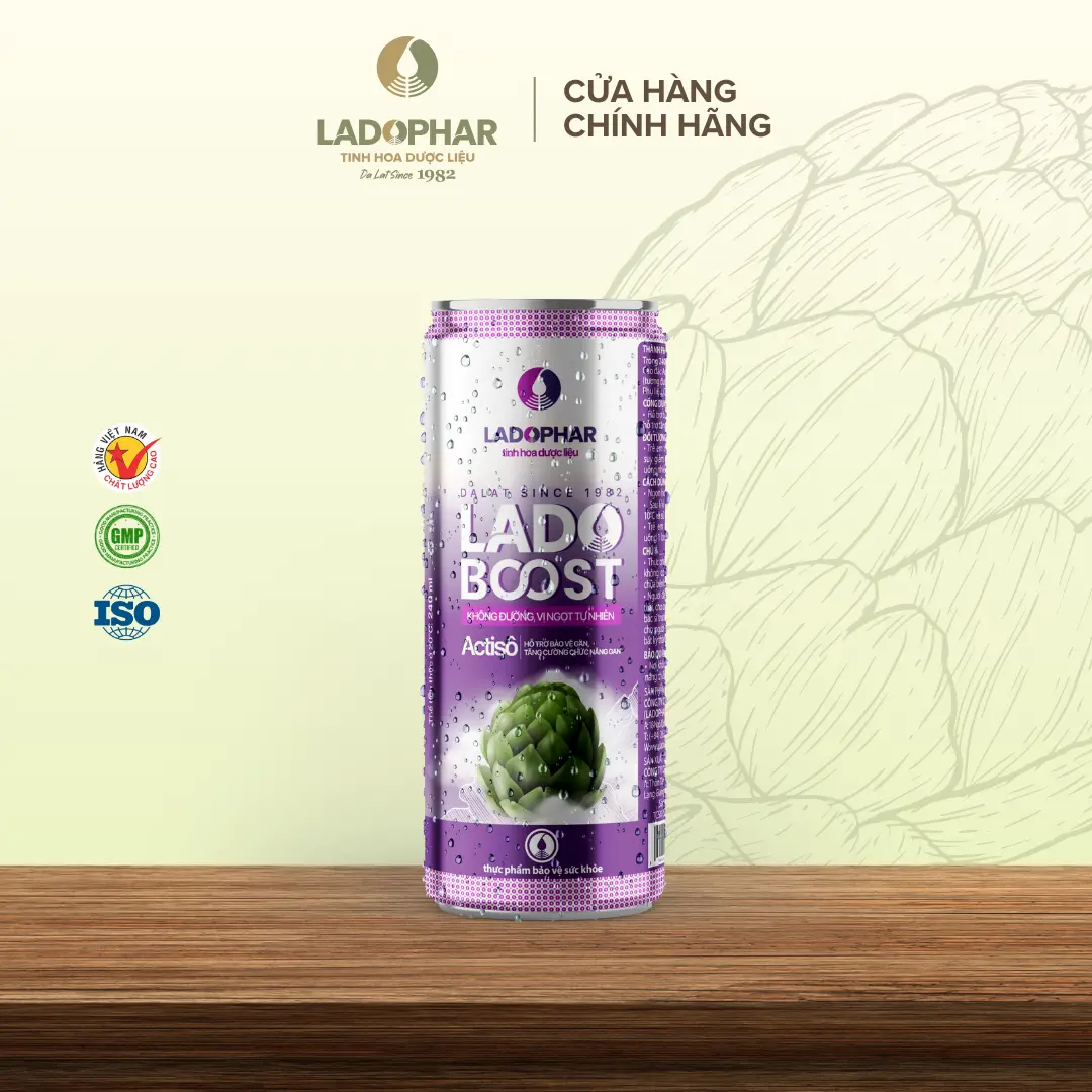 Nước Giải Khát LadoBoost Actiso Ladophar giảm mệt mỏi, buồn ngủ (240ml/lon) - Ladophar