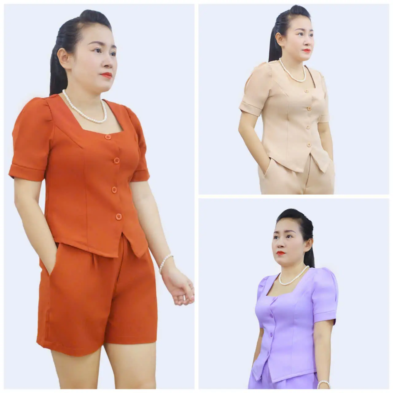 Set Đồ Bộ Vest,Chất Vải Pho,Thiết Kế Cổ Vuông,Thời Trang Thanh Lịch