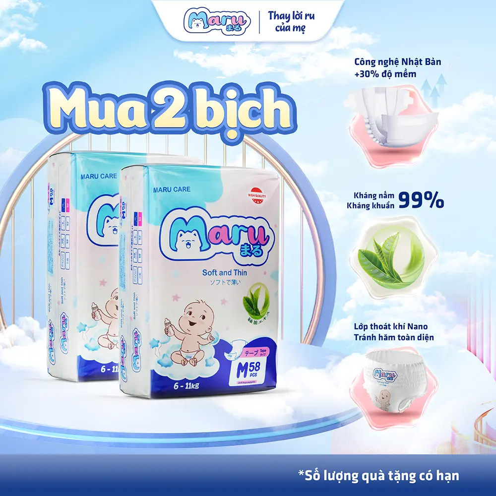COMBO2 tã bỉm MARU công nghệ Nhật Bản mềm mỏng mát thoáng khí, form to, vượt chuẩn 11 chỉ tiêu về tã bỉm