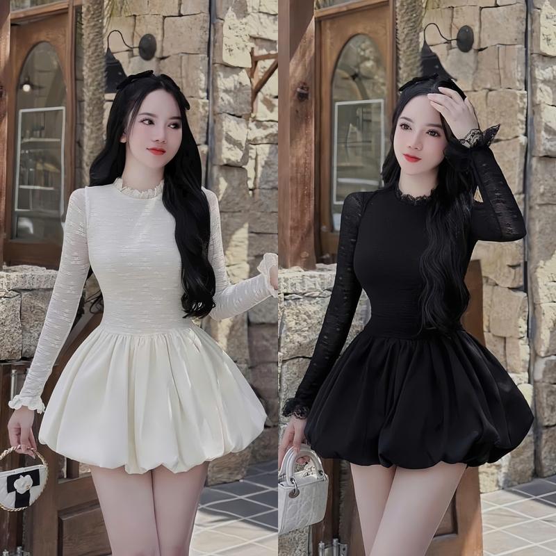  Đầm váy nữ ren cổ tròn tay dài phối tùng bí xòe  Có Lót  với tone 2 màu sang chảnh dành cho các nàng diện đi chơi đi tiệc Women Dress 