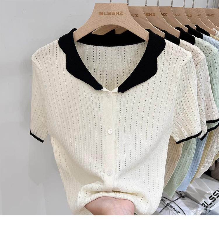 Product Introduction of Áo Cardigan Dệt Kim, ngắn Tay, Chất Liệu Lụa Ngầu Dành Cho Nữ, Mỏng Và Mùa Hè, Màu Sắc Tương Phản, Thiết Kế Độc Đáo Với Thiết Kế Áo Polo Rỗng Áo Cánh Nữ Hàng Đầu 2