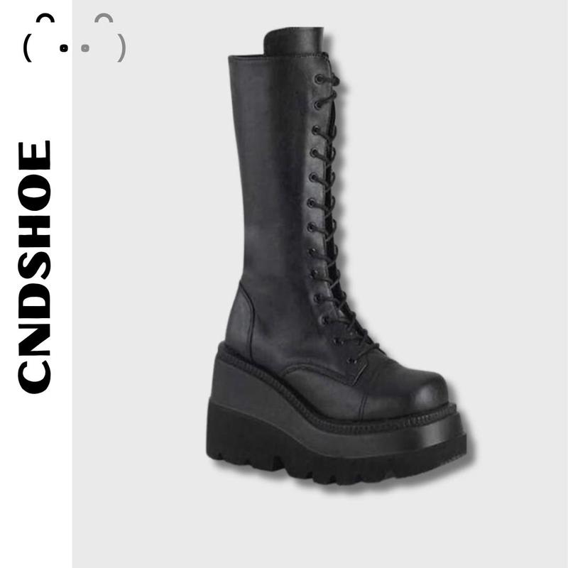 (FREESHIP - SẴN ) HIGH BOOT - GIÀY BỐT ĐEN ĐẾ CAO BUỘC DÂY THỜI TRANG Shoes Nữ Cổ Cao Boot Punk Bot Duinu miku giày độn xinh