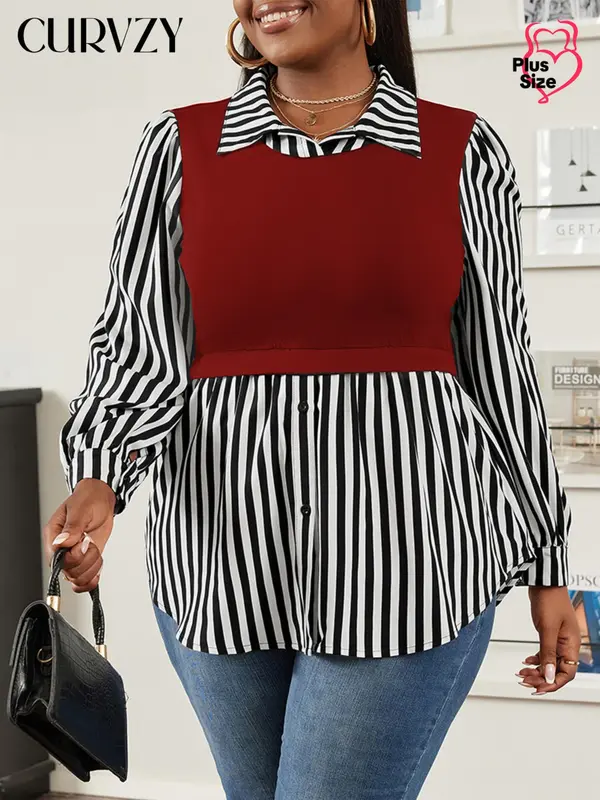 CURVZY Plus Size 2 in 1 Striped Print Bishop Sleeve Blouse, Casual Long Sleeve Collared Top for Spring & Fall, Women's Clothes for Daily Wear, Valentine's Day Gift for Girl, Fall Clothes, Winter Clothes 6
