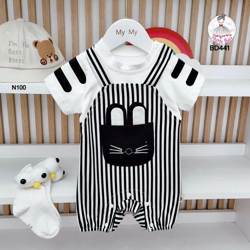 Body yếm sọc đen túi mèo trắng đen dành cho bé trai và bé gái