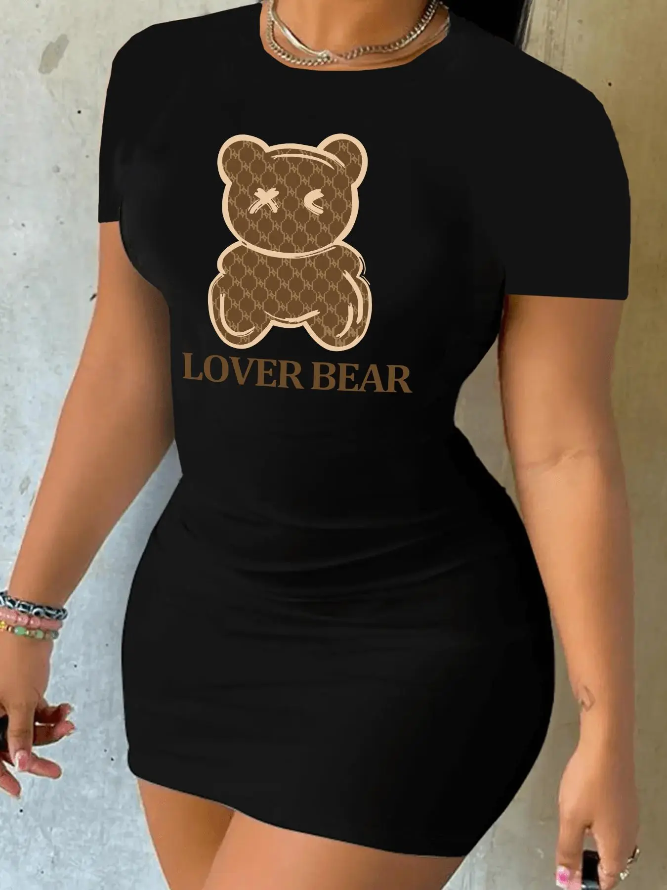 Women's Cartoon Bear & Letter Print Round Neck Tee Dress, Summer, Summer Clothes, Dresses Summer, Casual Crew Neck Short Sleeve Bodycon Dress for Summer, Ladies Milkmaid Dress Clothes for Daily Wear