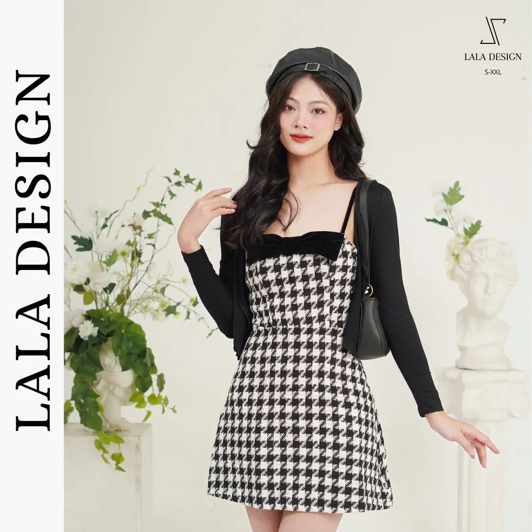 SET váy dạ Tweed kèm áo khoác - Váy dạ tweed Hàn 2 dây phối nơ ngực dáng chữ A kèm áo khoác - SET06 [LALA DESIGN] Nữ Kem