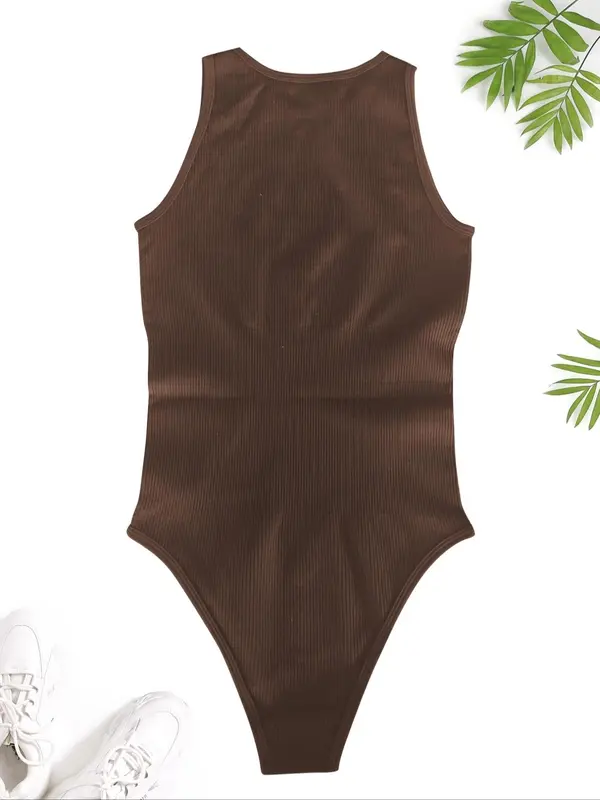 Women's Solid Round Neck Sports Bodysuit, Breathable Comfortable Sleeveless Tank Bodysuit for Yoga Gym Workout, Summer Outfits 2024, Ladies Sportswear for All Seasons 5