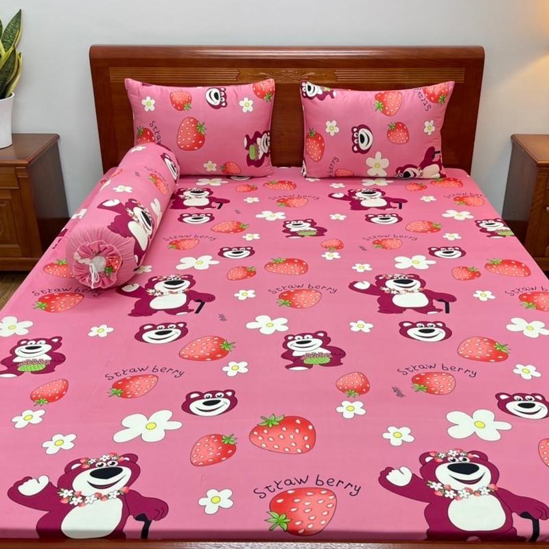 Bộ ga 4 món thun lạnh hàn quốc mẫu gấu dâu [1ga 2 vỏ gối đầu và 1 vỏ gối ôm] mềm mịn mát