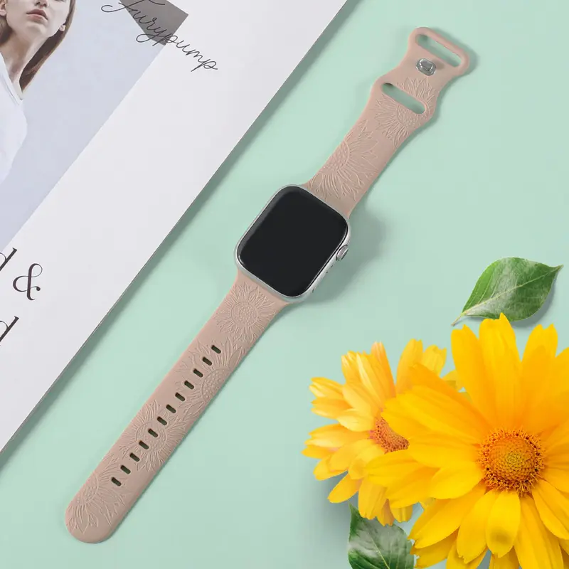 Sunflower Engraved Watch Band, Soft Floral Silicone Watch Band for iWatch Ultra Series 10 9 8 7 6 SE 5 4 3 2 1, Smart Watch Accessories, Wearable 3